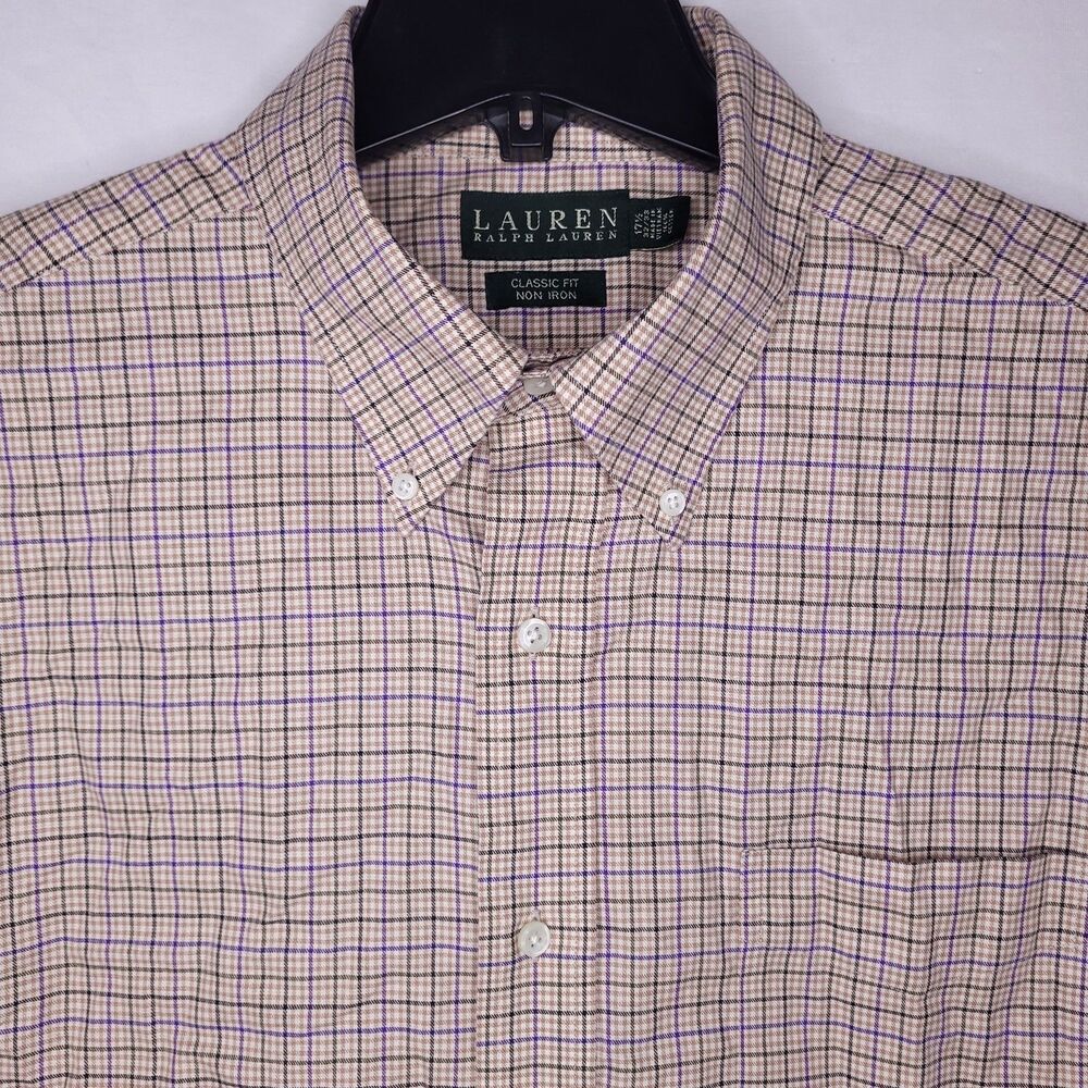 Lauren Ralph Lauren Dress Shirt Mens 17.5 Check Brown Classic Fit Non Iron 32/33